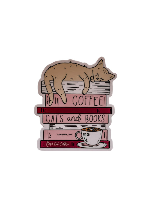 Rose Cat "Coffee, Cats, And Books" Sticker